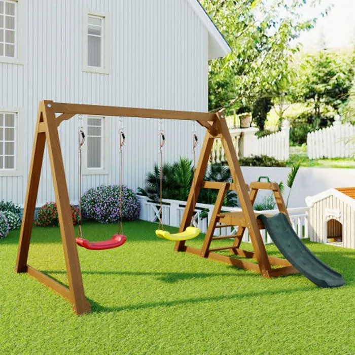 Balançoire robuste avec toboggan et échelle, cadre de balançoire en bois massif, 238,5x240x168,9 cm-1
