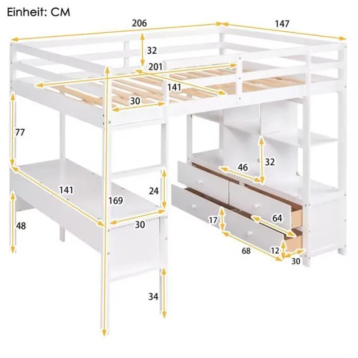 Lit mezzanine 140x200cm pour enfant - lit surélevé avec tiroirs de rangement, bureau et bibliothèque de rangement sous le lit -blanc-3