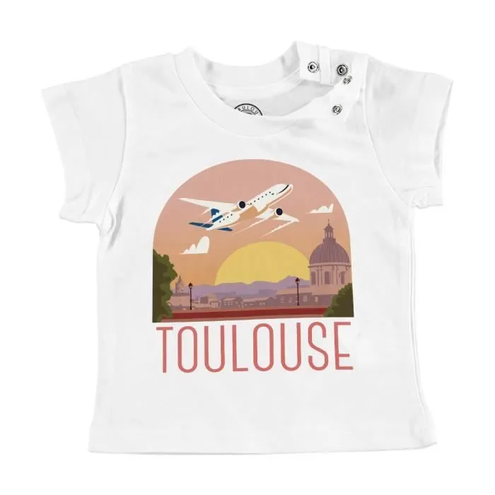 T-shirt Bébé Manche Courte Blanc Toulouse Paysage Avion Ville France Voyage-0