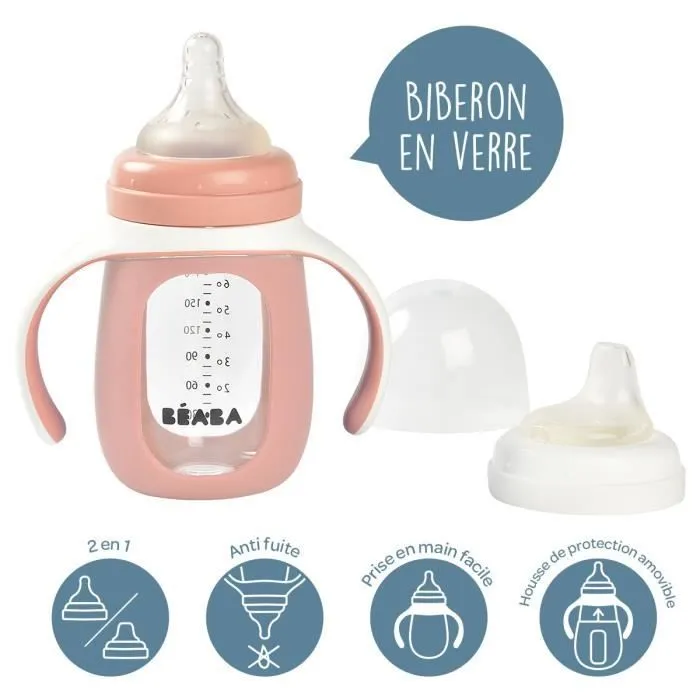 BEABA, Biberon verre d'apprentissage 2 en 1 210 ml + housse silicone - old pink-1