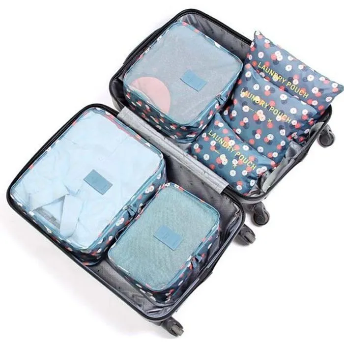 Organisateur de voyage - Non spécifié - Lot de 6 - Polyester - Imprimé fleurs - Bleu-0