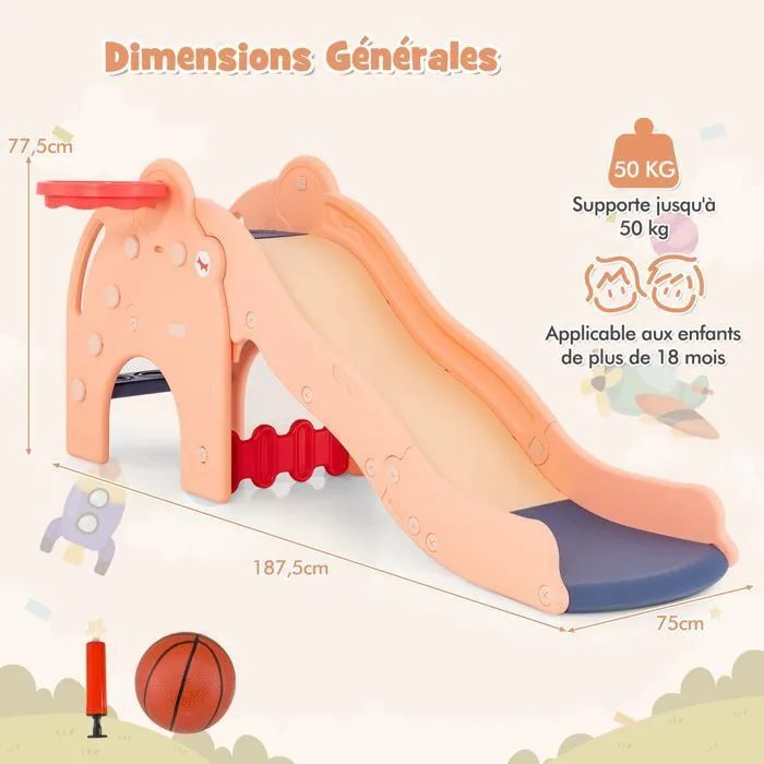 Toboggan 4 en 1 COSTWAY avec Panier de Basket, Ball, Escalade et pompe à ball - Jeu Intérieur-Extérieur Enfant dès 18 Mois Rose-4