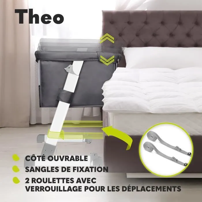 Lionelo - Théo 2en1 - Lit évolutif cododo avec matelas - De 0 Kg à 9 Kg - Hauteur et inclinaison réglables - Gris-2