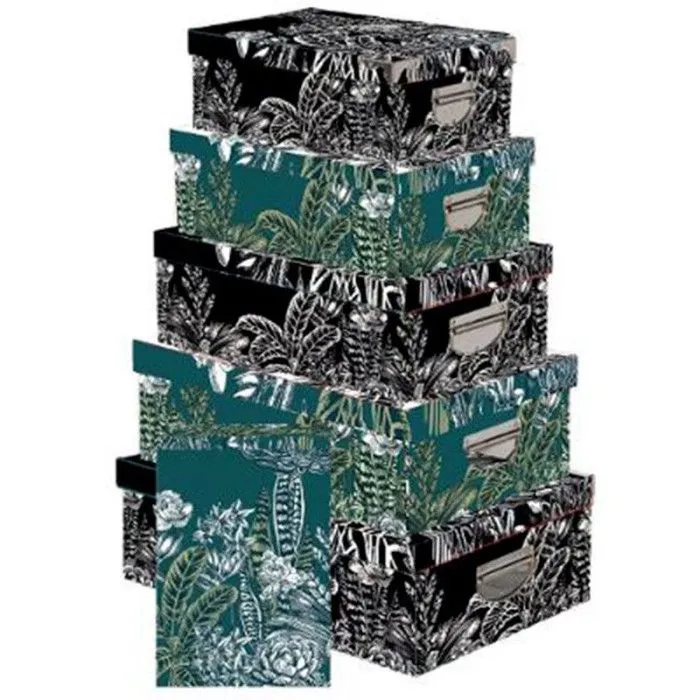Lot de 6 Boîtes de Rangement "Black Floral" 48cm Noir & Vert-0