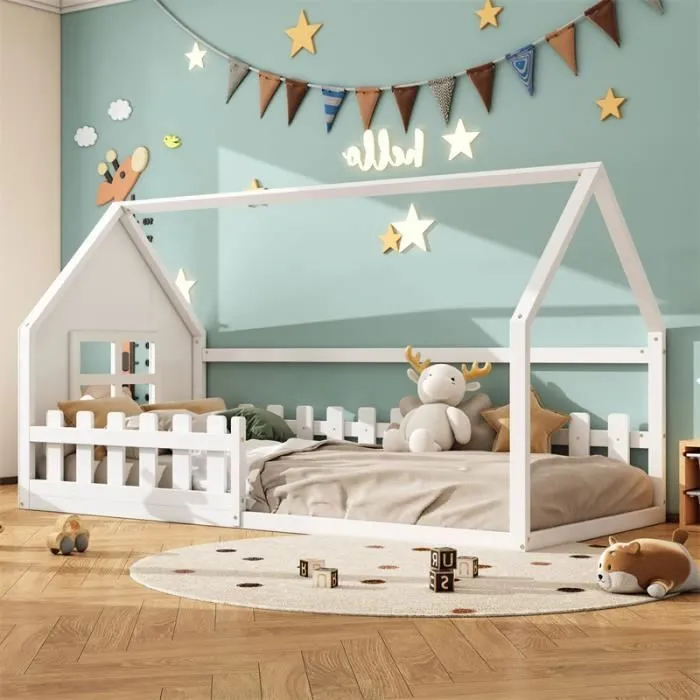 Lit cabane - Blanc - 90x200cm - Bois massif - Design maison - 1 place-0