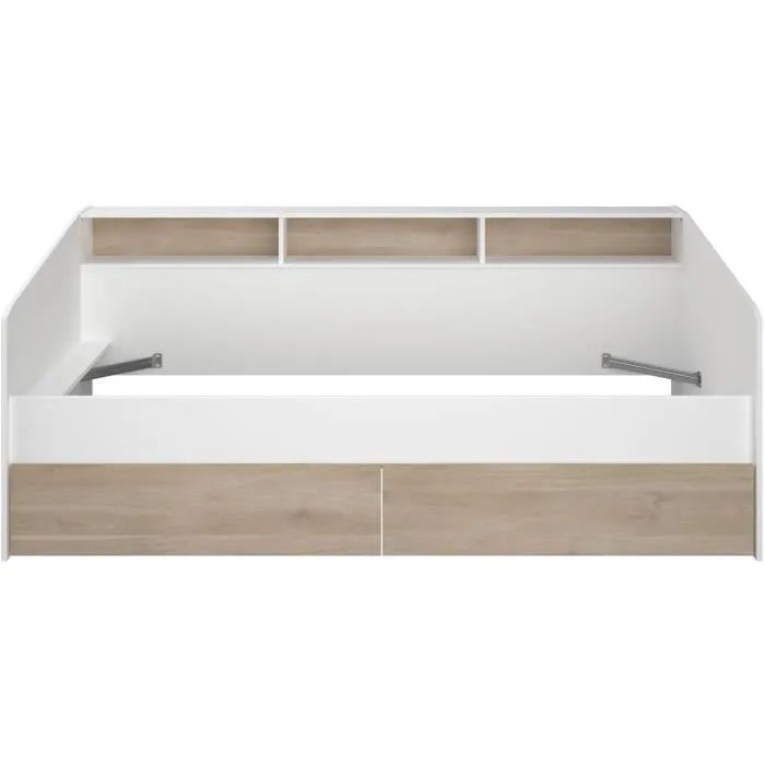 Lit banquette 2 tiroirs 90 x 200/190 cm - MDF - Mat décor chêne et blanc - JOY - 2339ENSE-0
