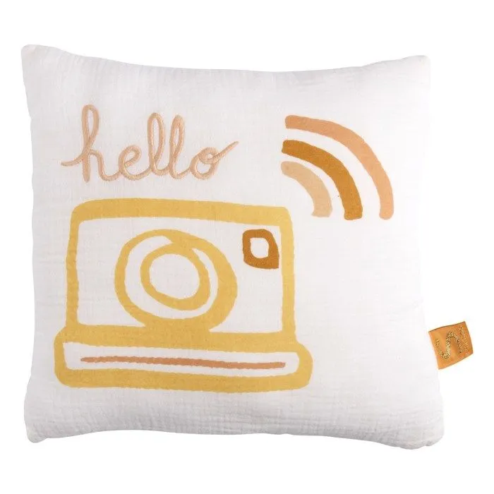 Coussin décoratif - Sauthon - 25x25cm - Coton blanc - Motif appareil photo - Chambre enfant-0