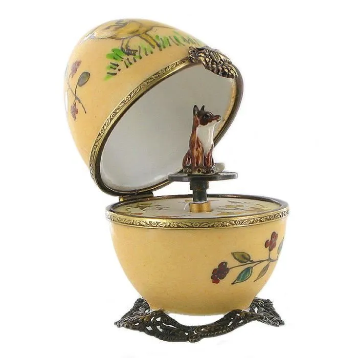 La lettre à Elise - Boîte à musique en forme d'oeuf - oeuf musical en porcelaine de Limoges de style Fabergé avec renard animé.-0