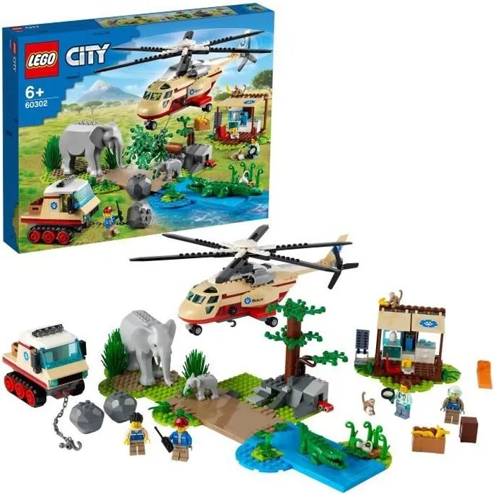 LEGO® City 60302 L'Opération de Sauvetage des Animaux Sauvages, Figurine Animaux de la Savane, Crocodile Figurine, Jouet Hélicoptère-0