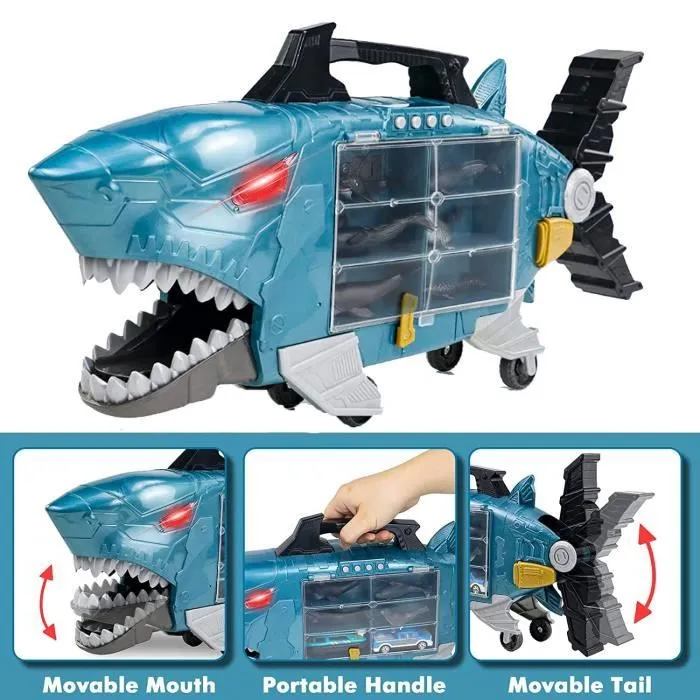 Voiture Enfant Camion Jouet Requin,2 en 1 Camion Transporteur de Voitures avec Mini Voiture,Bateau et Marins Animaux-2