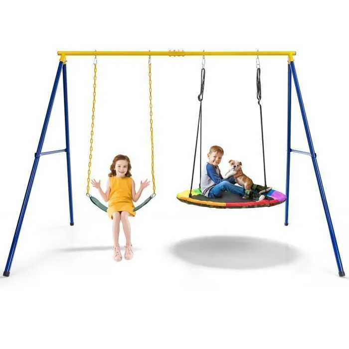 COSTWAY Portique avec Balançoire Nid d'Oiseau Ronde Ø100CM Balançoire Ceinture 1,2m pour Enfant Charge 300KG 2 Méthodes de Fixation-0