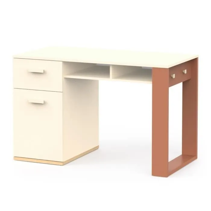 Bureau 1 porte ouvrante, 1 tiroir et 2 niches L120 cm - 120 cm X 59,8 cm X 76,5 cm - CAMILLIA - Terracota / Beige / Chêne-2