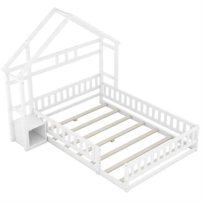 Lit cabane - DREAMMESPACE - 140x200 cm - Bois massif - Blanc - Avec chevets-2