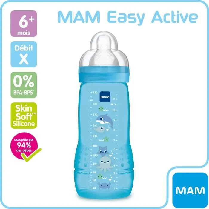 Biberon 2ème âge - MAM - Easy Active - Bleu - 330ml - Tétine ultra-douce-1