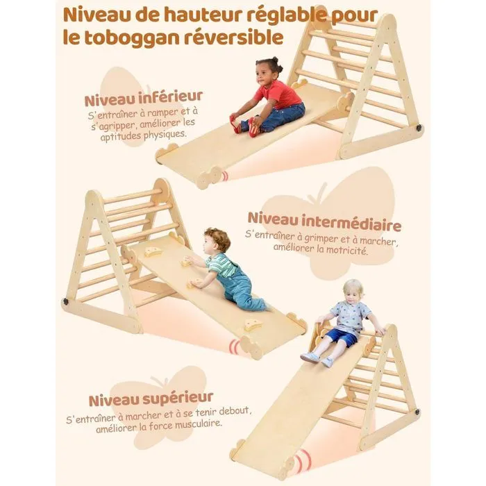 Triangle à Grimper,Cadre à Grimper Pliant Montessori avec Arche de Toboggan, Station de jeux pour Enfants, Bois naturel-1