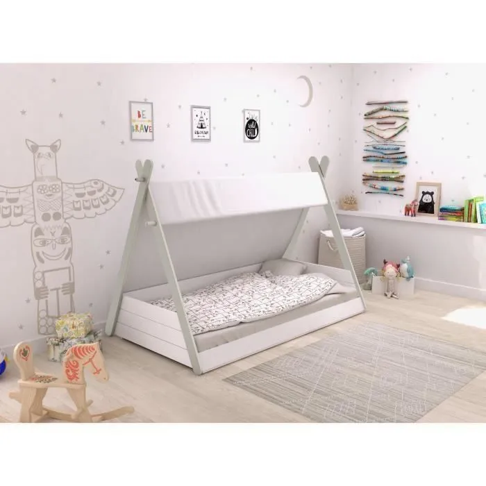 DEMEYERE Lit tipi enfant avec sommier contemporain laqué blanc perle et gris - l 90 x L 200 cm - TOTEM-1