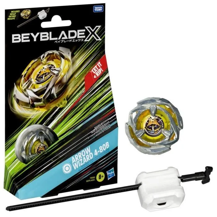Beyblade X, Starter Pack Arrow Wizard 4-80B avec toupie de compétition à rotation droite de type endurance et lanceur, à partir de 8-0