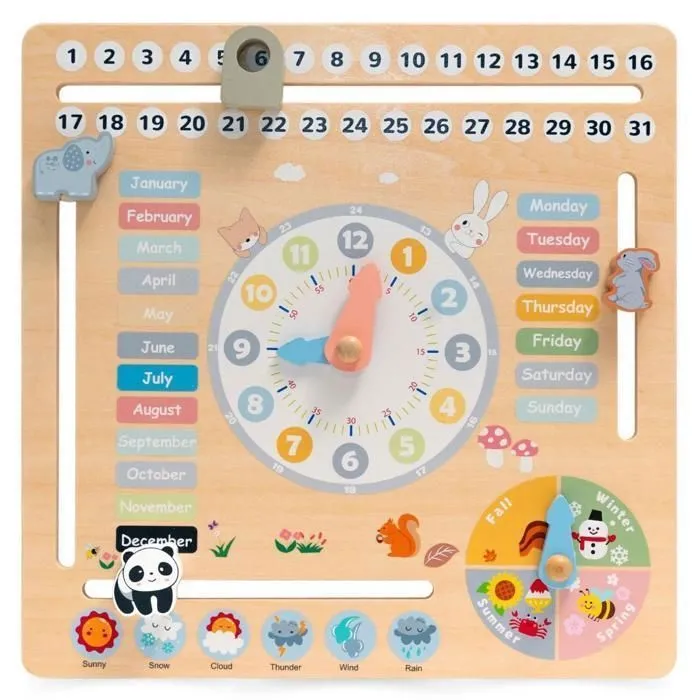 Calendrier en Bois Horloge Enfant Ludique Mamabrum - Apprendre Mois, Jours, Saisons & Temps en Anglais - Jouet en bois-0