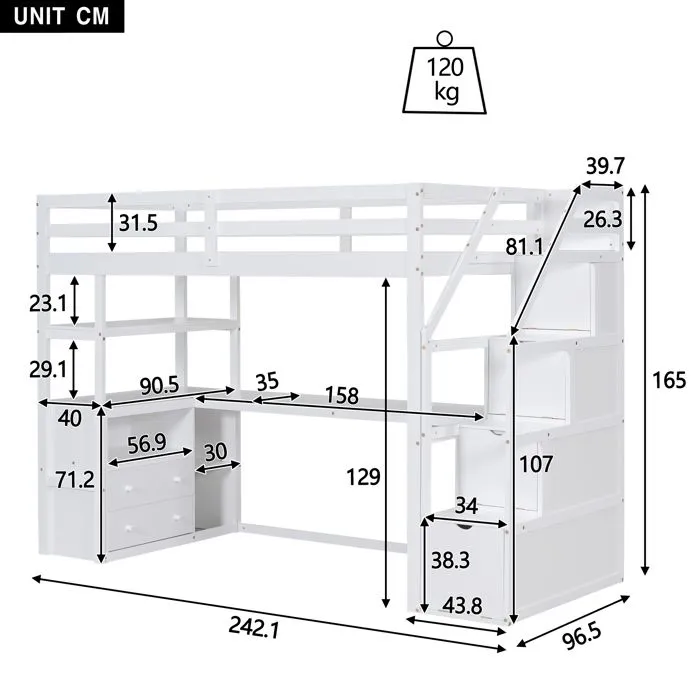 Lit mezzanine - lit et table - 90x200cm - blanc - 2 tiroirs - style industriel-3