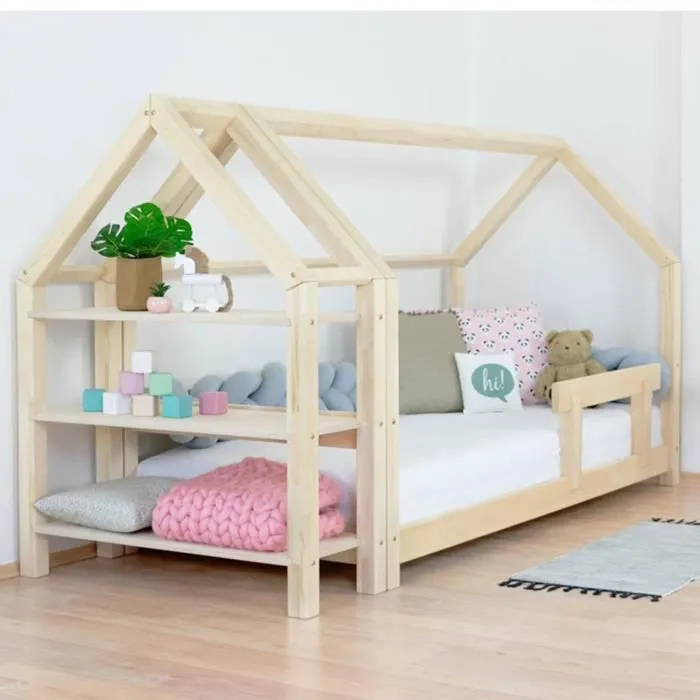 Lit cabane en bois massif - GENERIQUE - TERY - 90x180 cm - étagère en forme de maison-1