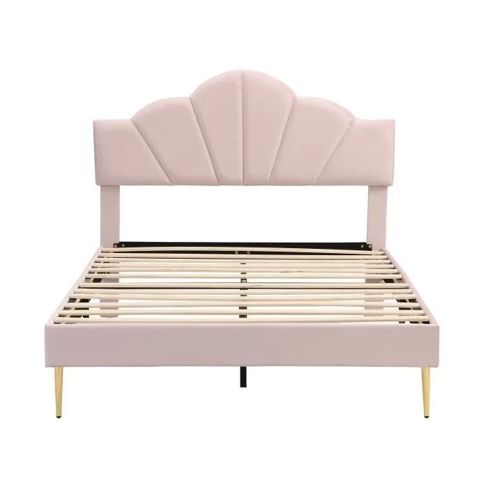Lit double 140 x 190 cm, lit coquillage, rembourré en velours, pièds en métal, sommier à lattes, rose-3