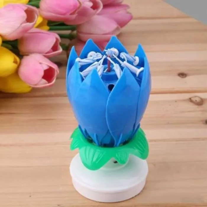 Magique Bougie à musique forme Lotus Fleur rotatif Joyeux anniversaire Non-toxique Fête jetable bleu - XY FR-2