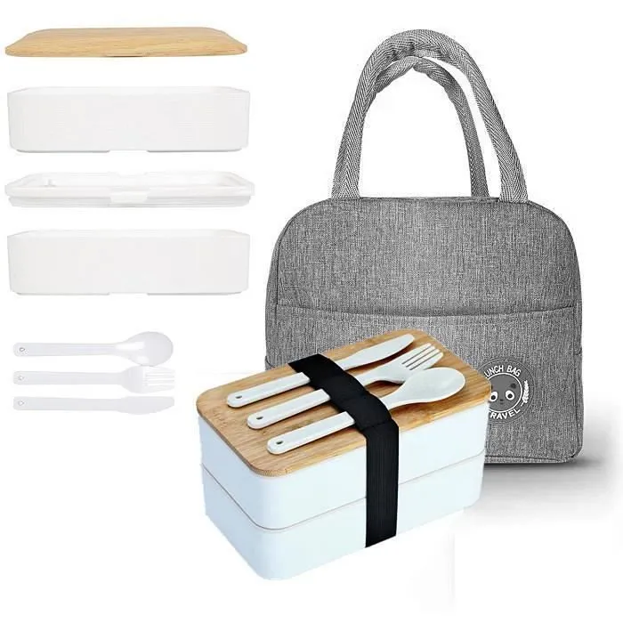 Lunch Box, Boîte Bento Japonaise Hermétique 2 Étages, Micro-Ondes, Lave-Vaisselle, Zéro Déchet, sans BPA ,Avec sacoche isotherme-0