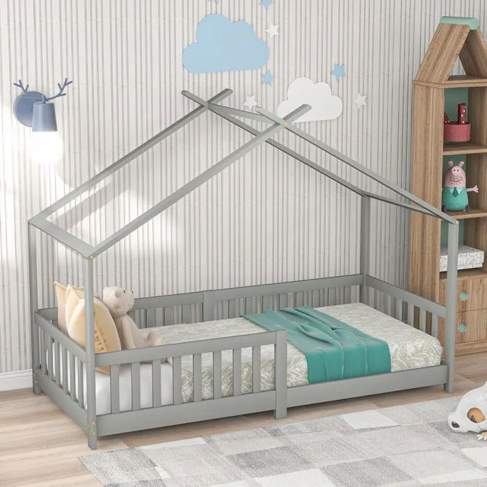 Lit cabane pour enfant - LIBERTÉ - Gris - Bois massif - sommier à lattes-1