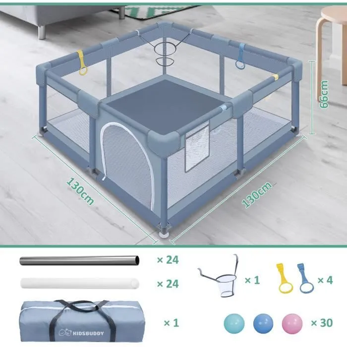LILIIN Parc pour Bébé Barrière de Sécurité avec filet respirant et fermeture éclair, Pour Intérieur, 130x130x66cm, Gris-1