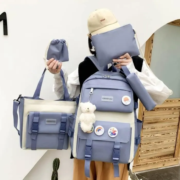 Lot de sacs à dos - RNGCPTO - Ensemble kawaii - 5 pièces - Bleu - 30 x 13 x 42 cm-1