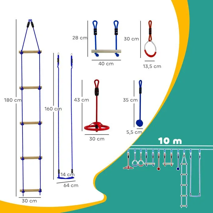 Parcours d'obstacles ninja pour enfants - AIYAPLAY - 10 accessoires - 10 m slackline et sac de transport - bleu-3