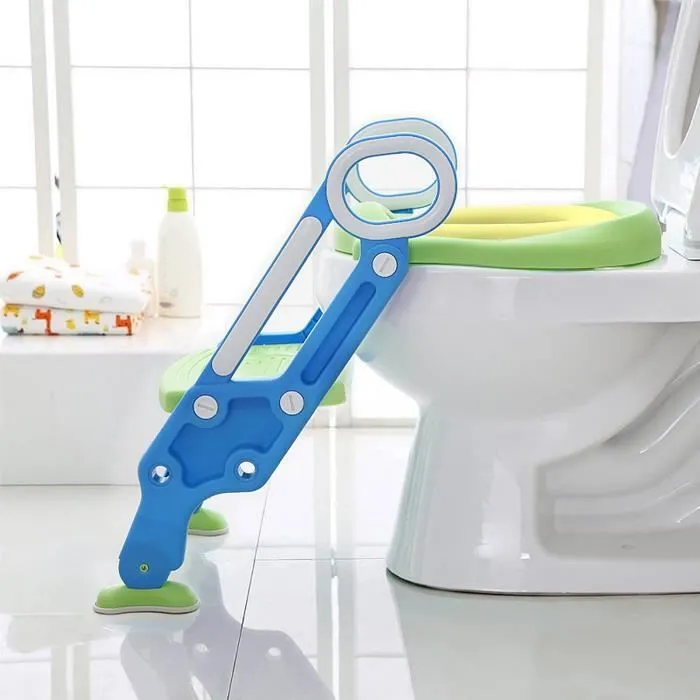 XMTECH de Formation de Toilette Réducteur de WC Enfant Pliante Siège pour Enfants avec Échelle Marche et Poignée Bleu Vert-3