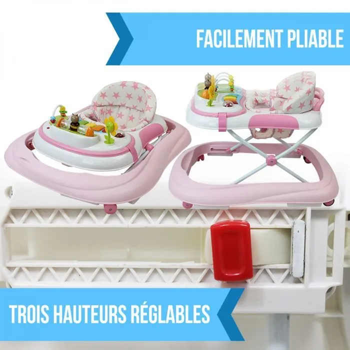 Trotteur bébé évolutif musical pliable réglable en hauteur - Rose - Monsieur Bébé-4