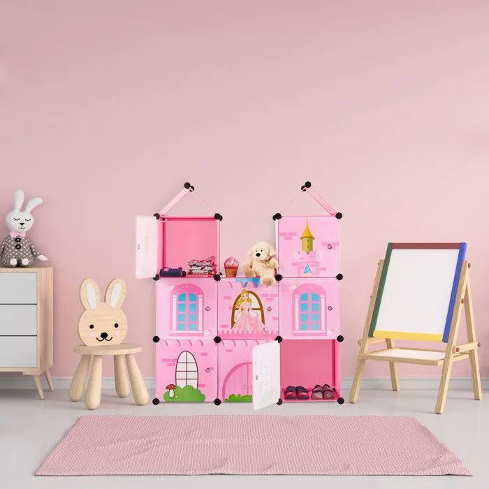 Relaxdays Etagère emboîtable chambre d'enfants,Château de princesse, Plastique, Armoire DIY avec portes, HlP128x110x37cm-1