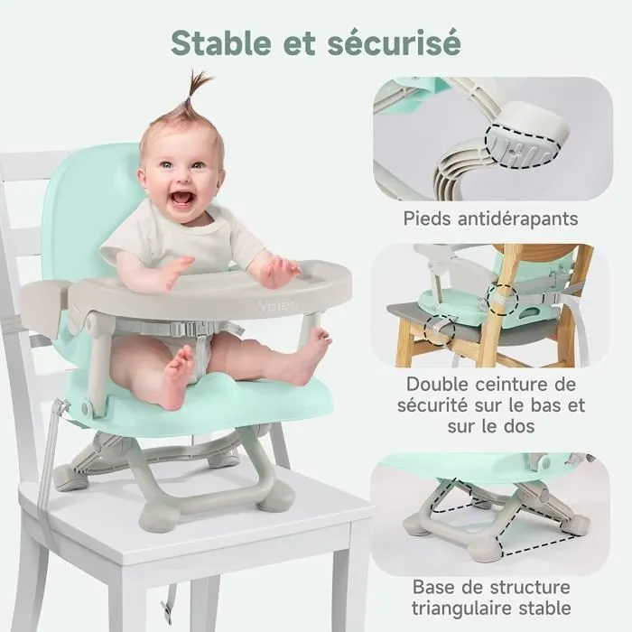 Réhausseur Chaise Enfant Pliable, Chaise Bébé Portable, Bébé Chaise repas en Hauteur Réglable, Plateau Amovible,6 mois à 3 ans, Vert-1