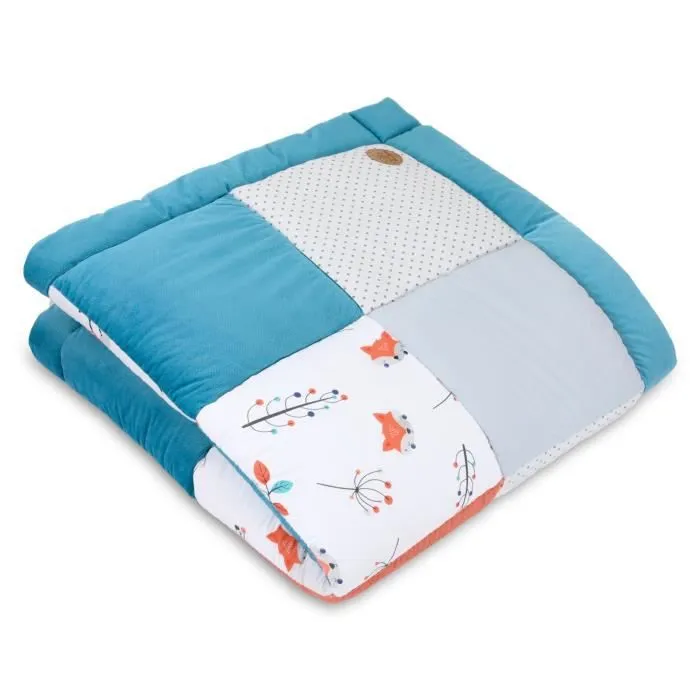 Tapis parc bebe patchwork 120x120 cm - tapis couverture bébé naissance parc Coton avec velours et piqué gaufré Bleu avec des renards