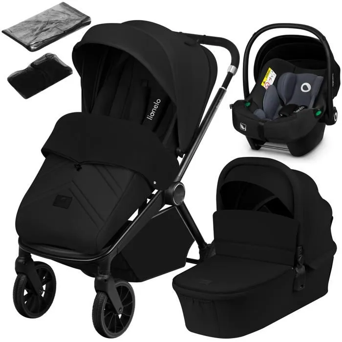 Poussette combinée 3en1 LIONELO Mika Plus - Jusqu'à 22kg - Pack poussette Trio, Nacelle, Siege auto, sac et accessoires - Noir-0