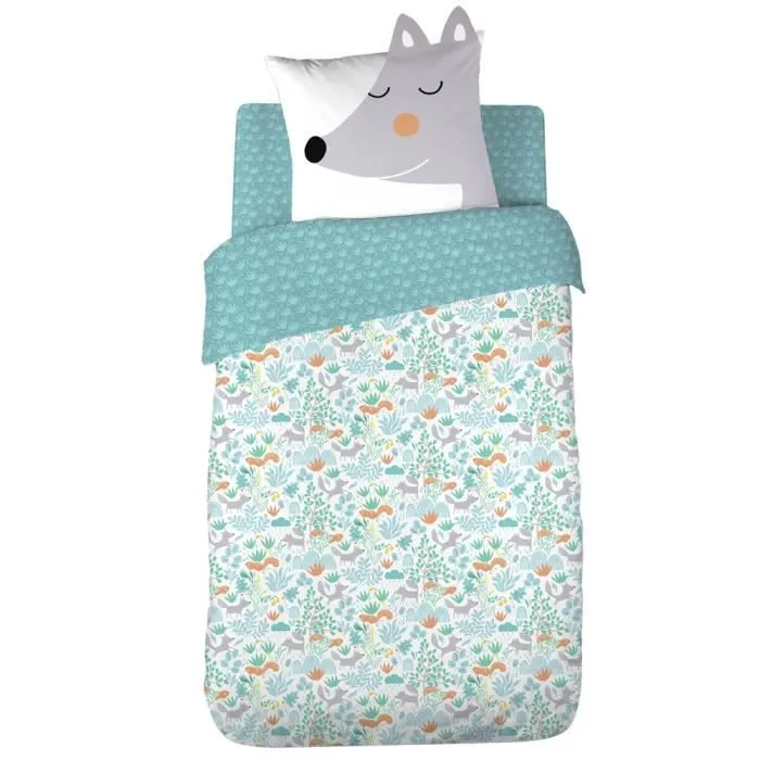 Parure de lit enfant Loup Vert - 100% coton BIO - housse de couette 140x200 cm + 1 taie d'oreiller 63x63 cm-1