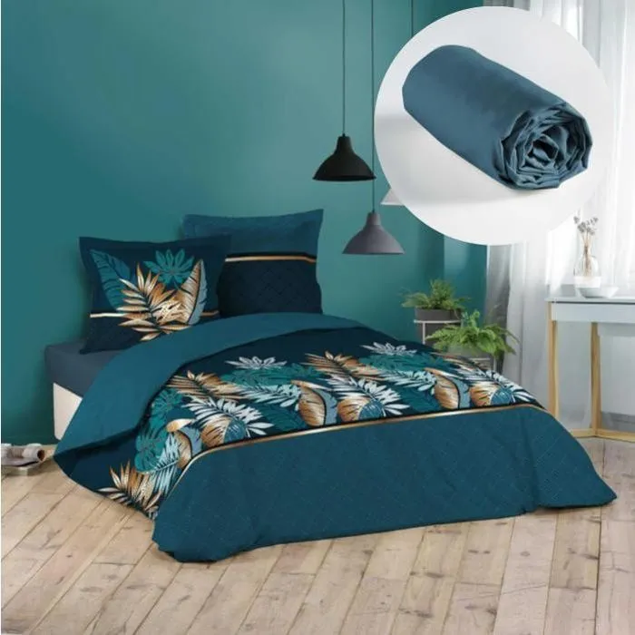 Ensemble parure de couette 260x240 cm Alianor + drap housse 160x200 Bleu-0