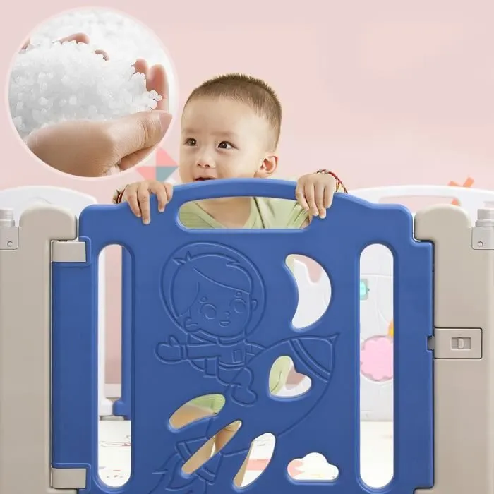 LILIIN Parc pour Bébé Pliable avec Porte et Planche à Jouets, 12 Panneaux + 2 Accessoires, Design Bleu et Blanc-2
