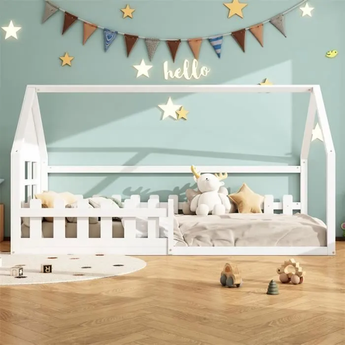 Lit cabane - Blanc - 90x200cm - Bois massif - Design maison - 1 place-1
