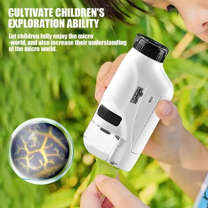 Microscope Portable Enfants, Mini Microscope de Poche avec Lumière LED, Microscope HD Cadeau Enfants, étude à Domicile Préscolaire-0