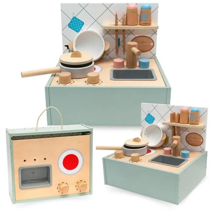 Cuisine Enfant Pliable Portatif en bois avec accessoires - mini cuisine avec Poignée de Transport Pratique-  Facile à Rangerpliable-1