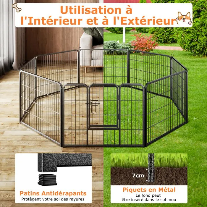 COSTWAY Barrière de Sécurité H60CM pour Chien 8 Panneaux, Parc Portable Pliable avec Porte, Intérieur Extérieur pour Jardin Camping-3