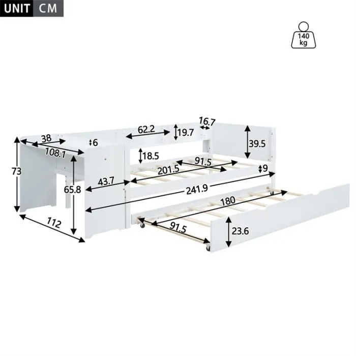 Lit gigogne 90x200cm+90x180cm, avec petit bureau, trois étagères sur le côté du lit, blanc-3