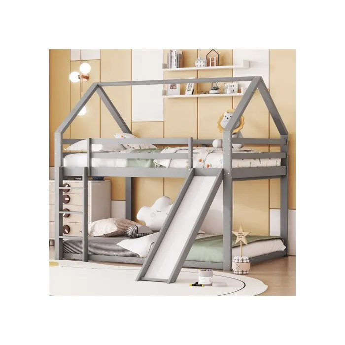 Lit superposé avec toboggan et échelle, lit superposé pour chambre d'enfant, gris, 140x200 cm-0