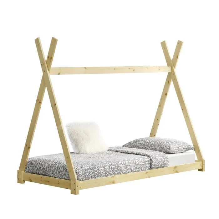 Lit de Tipi pour Enfant Onejda Bois Naturel 200 x 90 cm [en.casa]-0