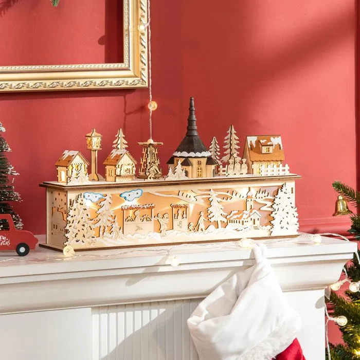 HOMCOM Village de Noël Lumineux en Bois Décoration de Noël Maison Miniature sur Table avec 10 LED Blanc Chaud - 45 x 10 x 25 cm-2
