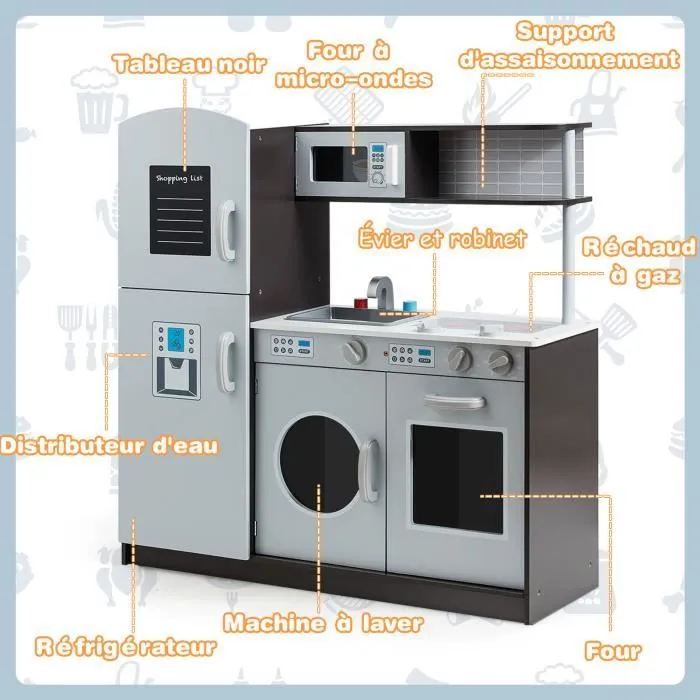 COSTWAY Cuisine Enfant en Bois avec Sons Réel Jouet Cuisinière avec Four, Micro-ondes, Réfrigérateur, etc. de 3 à 8 Ans-1