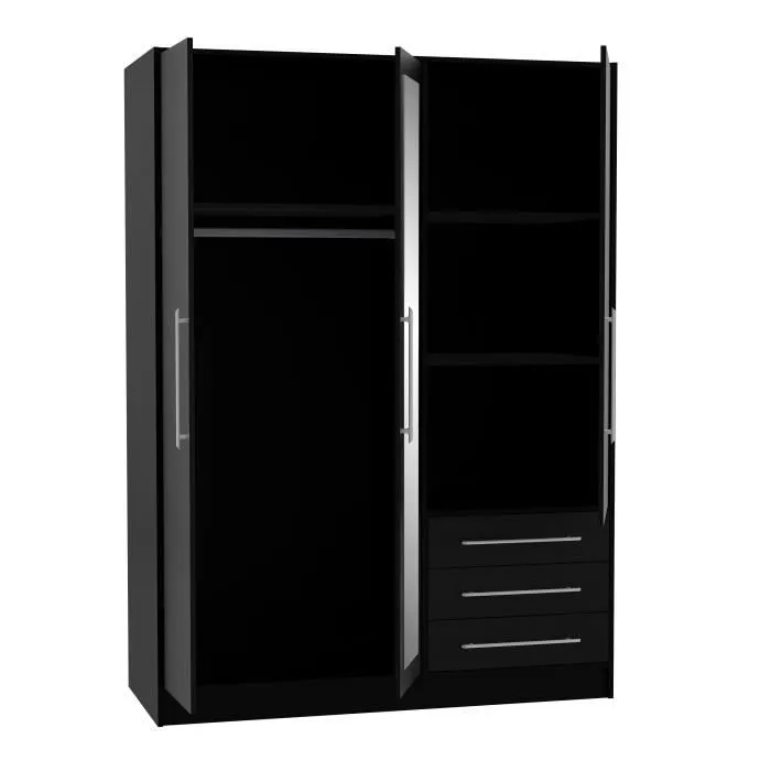 Armoire 3 portes battantes avec miroir + 3 tiroirs - Bois aggloméré - Noir - L 144,6 x P 60 x H 200 cm - JUPITER-3